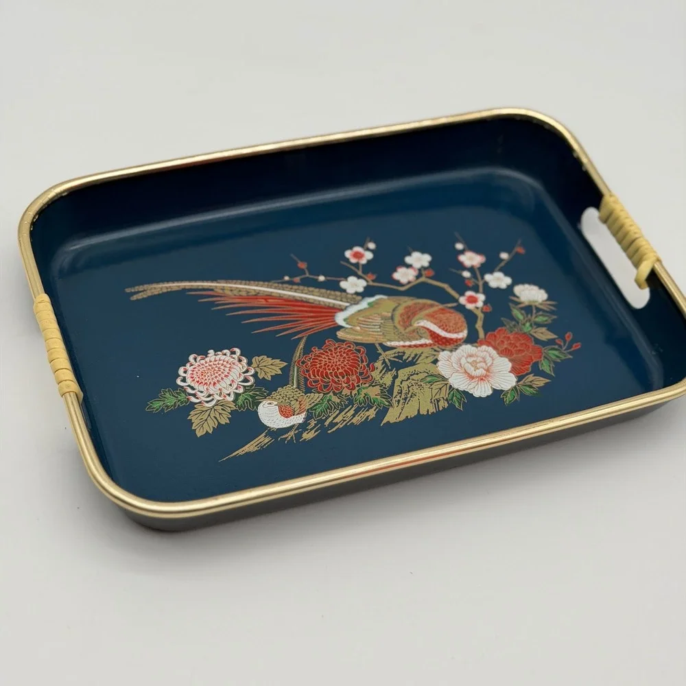 Vintage Navy Blue Metal Serving Tray Pheasant Floral Gold Rim Bamboo Handles